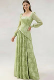 Floral Light Green Square Neck Maxi Bridesmaid Dress with Sleeves