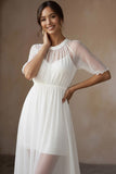 White Crew Neck A Line Midi Engagement Dress with Sleeves