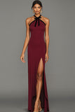 Burgundy Halter Neck Sheath Maxi Bridesmaid Dress with Bow