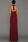 Burgundy Halter Neck Sheath Maxi Bridesmaid Dress with Bow