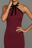 Burgundy Halter Neck Sheath Maxi Bridesmaid Dress with Bow