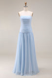 Light Blue Strapless Ruched Maxi Bridesmaid Dress