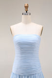 Light Blue Strapless Ruched Maxi Bridesmaid Dress