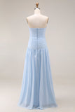 Light Blue Strapless Ruched Maxi Bridesmaid Dress