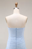 Light Blue Strapless Ruched Maxi Bridesmaid Dress
