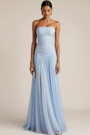Light Blue Strapless Ruched Maxi Bridesmaid Dress