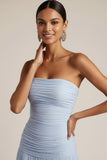 Light Blue Strapless Ruched Maxi Bridesmaid Dress