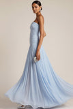 Light Blue Strapless Ruched Maxi Bridesmaid Dress
