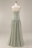 Light Blue Strapless Ruched Maxi Bridesmaid Dress