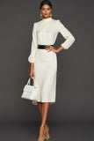 White High Neck Sheath Midi Engagement Dress with Sleeves