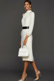White High Neck Sheath Midi Engagement Dress with Sleeves
