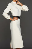 White High Neck Sheath Midi Engagement Dress with Sleeves