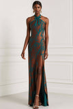 Peacock Green Burnout Velvet Sheath Long Wedding Guest Dress with Slit