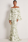 Floral Green Off the Shoulder Mermaid Maxi Bridesmaid Dress with Sleeves