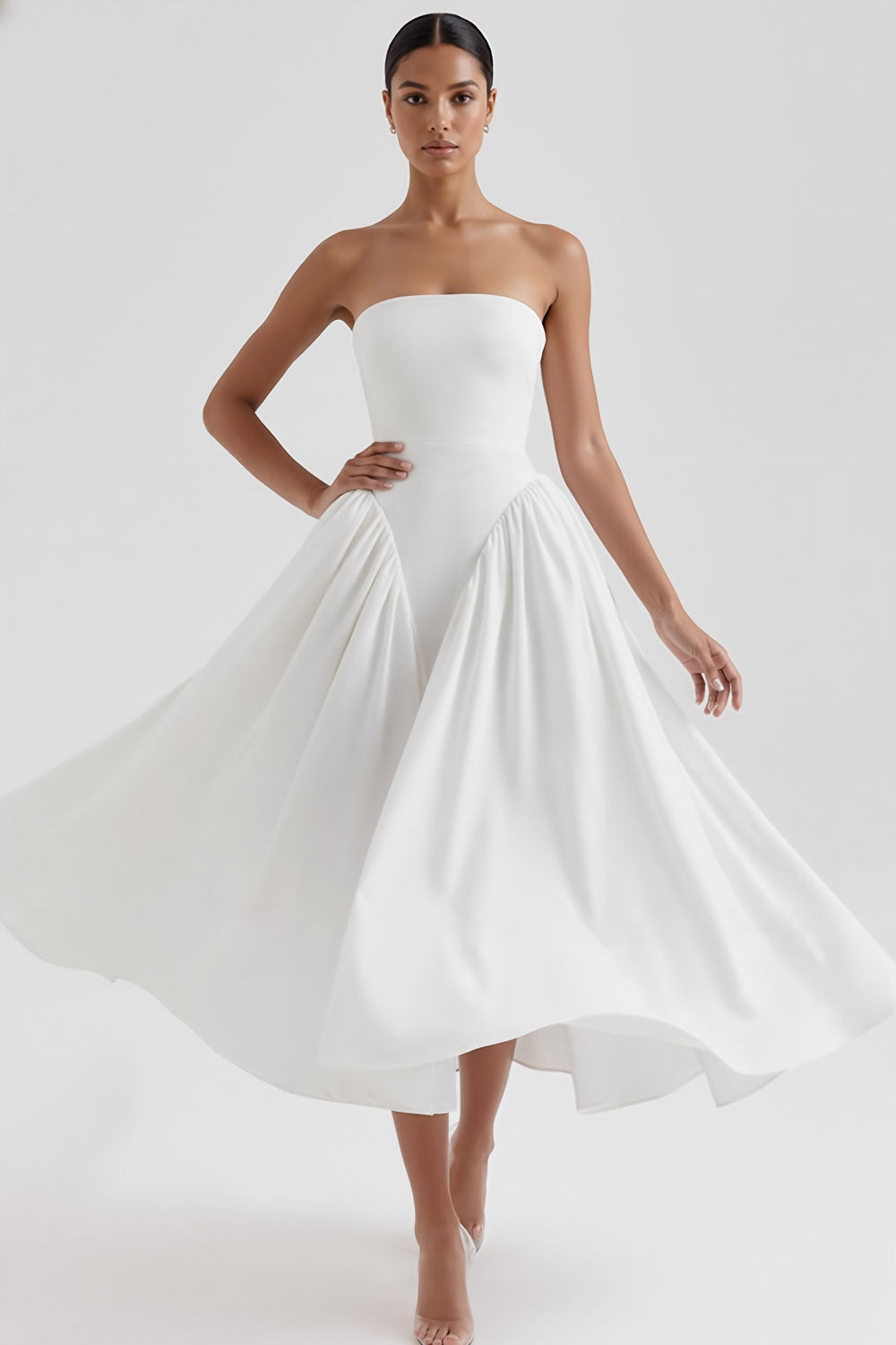 Leely Women Simple White Midi Engagement Dress Strapless Backless A