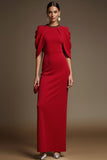 Simple Red Crew Neck Sheath Maxi Formal Dress with Slit