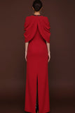 Simple Red Crew Neck Sheath Maxi Formal Dress with Slit