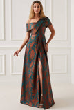 Floral Peacock Green One Shoulder A Line Maxi Mother of the Bride Dress with Slit