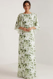 Floral Green Bateau Neck Maxi Bridesmaid Dress with Sleeves