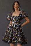 Floral Square Neck A Line Short Prom Dress with Sleeves