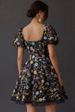 Floral Square Neck A Line Short Prom Dress with Sleeves