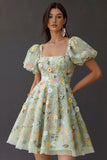 Floral Square Neck A Line Short Prom Dress with Sleeves