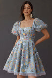 Floral Square Neck A Line Short Prom Dress with Sleeves