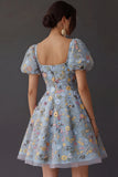 Floral Square Neck A Line Short Prom Dress with Sleeves