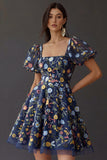 Floral Square Neck A Line Short Prom Dress with Sleeves