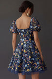 Floral Square Neck A Line Short Prom Dress with Sleeves