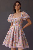 Floral Square Neck A Line Short Prom Dress with Sleeves