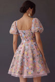 Floral Square Neck A Line Short Prom Dress with Sleeves