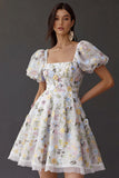 Floral Square Neck A Line Short Prom Dress with Sleeves