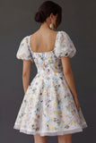 Floral Square Neck A Line Short Prom Dress with Sleeves
