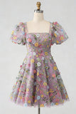 Floral Square Neck A Line Short Prom Dress with Sleeves