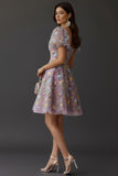 Floral Square Neck A Line Short Prom Dress with Sleeves