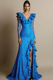 Black V-Neck Ruffled Lace Maxi Formal Dress with Slit