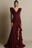 Black V-Neck Ruffled Lace Maxi Formal Dress with Slit