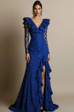 Black V-Neck Ruffled Lace Maxi Formal Dress with Slit