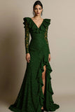 Black V-Neck Ruffled Lace Maxi Formal Dress with Slit
