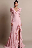 Black V-Neck Ruffled Lace Maxi Formal Dress with Slit