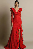 Black V-Neck Ruffled Lace Maxi Formal Dress with Slit