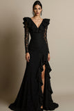 Black V-Neck Ruffled Lace Maxi Formal Dress with Slit