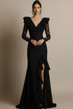 Black V-Neck Ruffled Lace Maxi Formal Dress with Slit