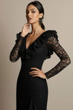 Black V-Neck Ruffled Lace Maxi Formal Dress with Slit