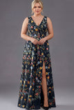 Plus Size Floral Mauve V-Neck A Line Long Wedding Guest Dress with Slit