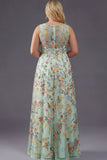 Plus Size Floral Mauve V-Neck A Line Long Wedding Guest Dress with Slit