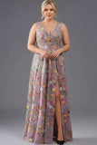 Plus Size Floral Mauve V-Neck A Line Long Wedding Guest Dress with Slit