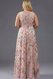 Plus Size Floral Mauve V-Neck A Line Long Wedding Guest Dress with Slit