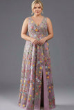 Plus Size Floral Mauve V-Neck A Line Long Wedding Guest Dress with Slit